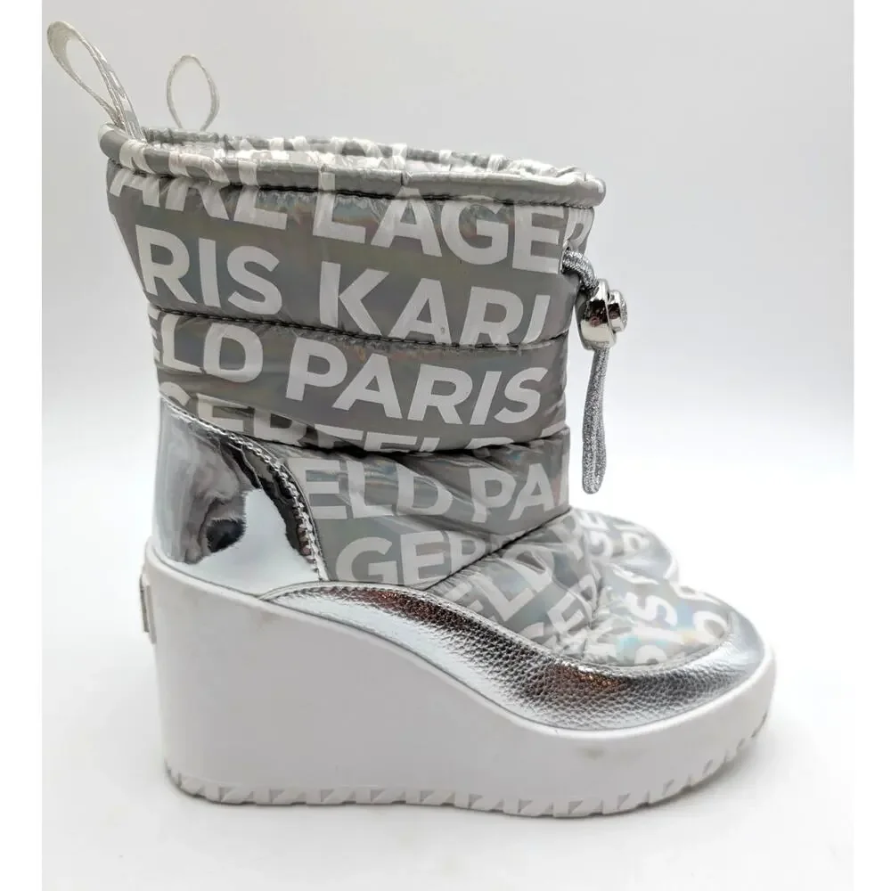 Karl Lagerfeld Paris Bronwyn Wedge Boots Women's Silver Size US5.5M EU35.5